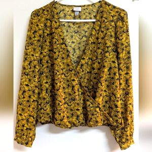 A New Day Women's Floral Print Puff Long Sleeve Gold Wrap Top Size Small